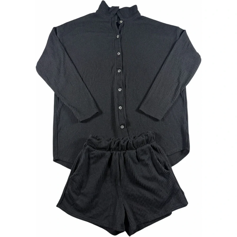 Fashion Nova Ribbed 2 Piece Lounge Set Black Henley Top Boxer Shorts Medium‎